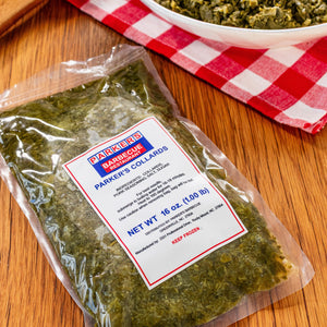 Parker's Collard Greens vacuum sealed 1 lb bag with bowl of collards
